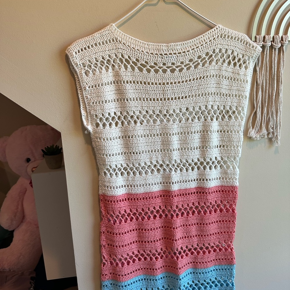 Crochet Striped Dress in White, Pink, and Blue - Picture 13 of 13